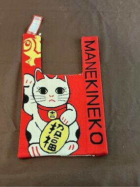 attention Red Knit Maneki Neko Shoulder Tote with Yellow Accent